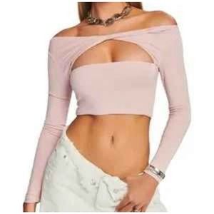 SER.O.YA Pink Off-Shoulder Cutout Long Sleeve Crop Top